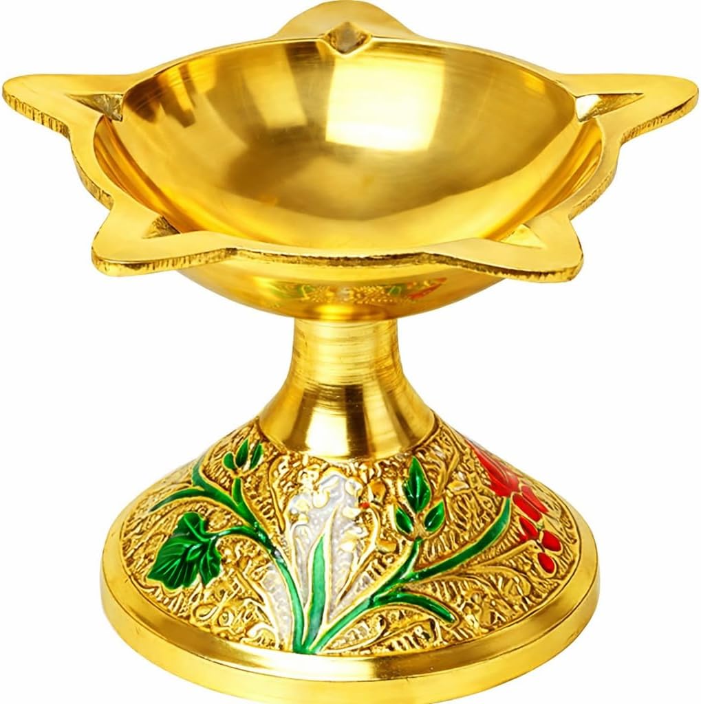 Diya Aarti Diya Deepak Punchmukhi Pooja Diya Puja Item Brass Oil Lamp Pooja Essential for Indian Traditional Festival Decorations for House Home Pooja Home Temple Mandir Decorations Décor (Size:-2")