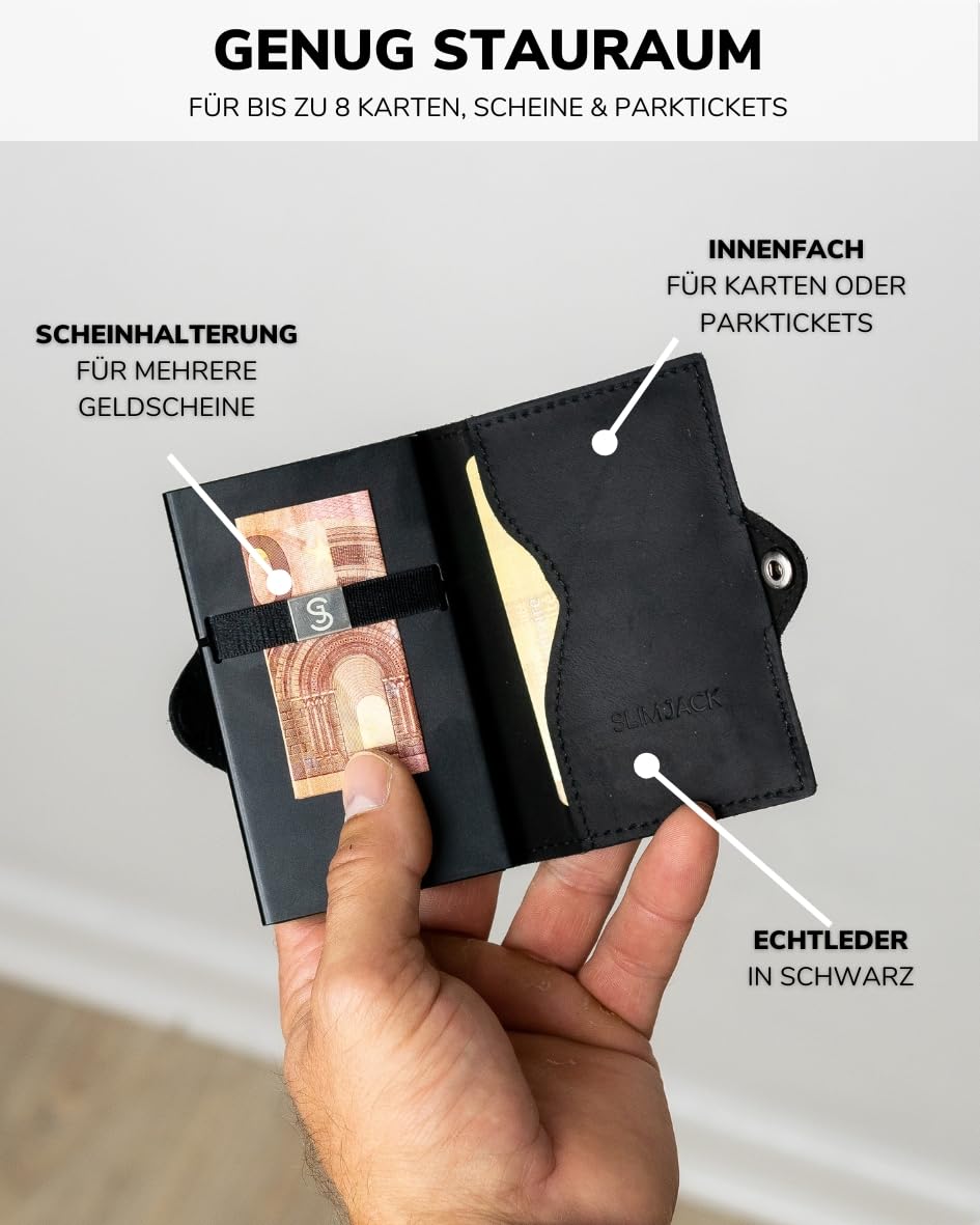 SLIMJACK Smart Wallet mit Gravur Wunschtext - Kreditkartenetui mit RFID-Schutz - Geldbeutel für Herren - Slim Wallet mit Münzfach - Smart Wallet für Karten & Münzen - Schwarz