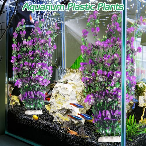 Image of Hamiledyi Purple Green Serrated Leaf Tall Aquarium Plastic Plants Artificial Fish Tank Plant Aquarium Decor Extra Large Lifelike Aquatic Plant Suitable for Saltwater and Freshwater 21.6-inch Tall 2Pcs