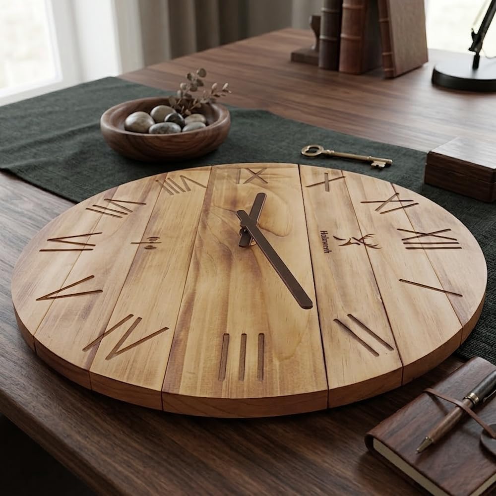 Holzwerk 35cm Vintage Natur Geflammte Holz Funkwanduhr Funk Wanduhr Holzuhr Funkuhr lautloses Uhrwerk Braun nahezu lautlos Retro Rustikal Massivholz Uhr Römische Ziffern