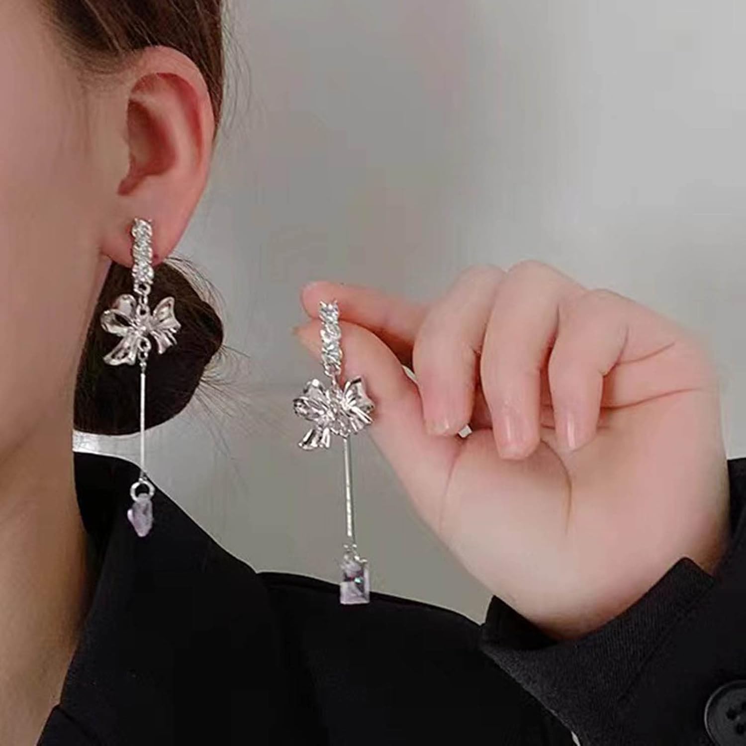 Crystal Rhinestone Drop Earrings Silver Butterfly Bow Dangle Earrings Long Cubic Zirconia Bowknot Earrings Elegant Tassel Statement Earrings Jewelry for Women - Image 5