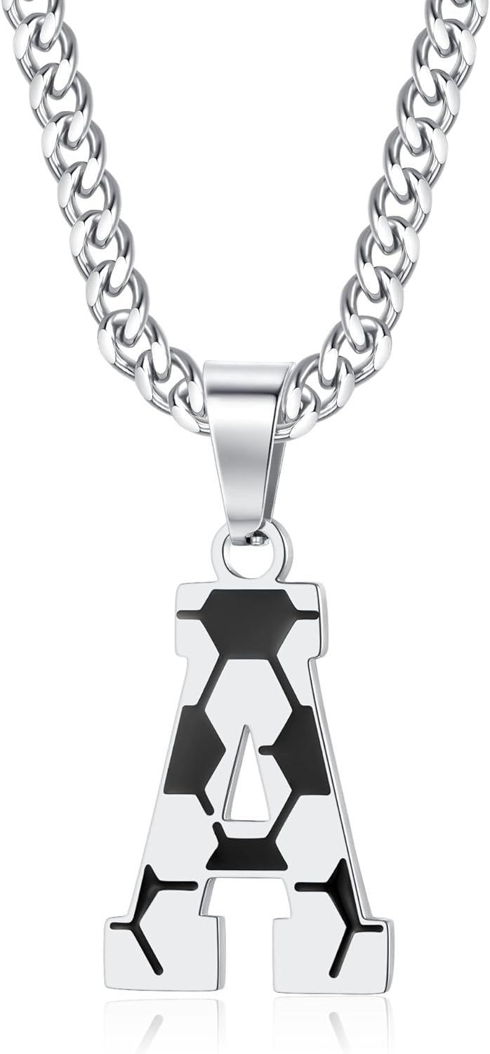 Initial A-Z Letter Football Soccer Necklace for Men, Silver Stainless Steel Football Soccer Charm Pendant Necklace, 22+2inch Personalized Birthday Christmas Jewelry Gifts for Men