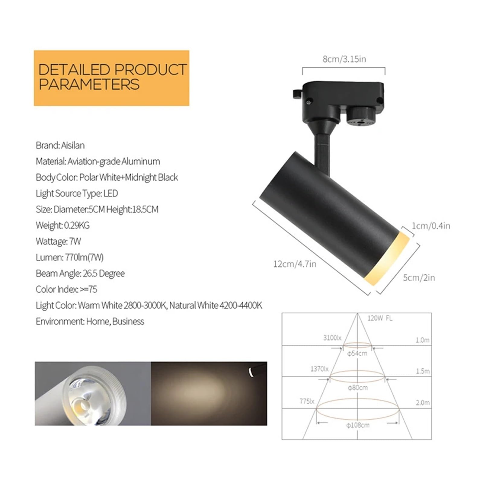 Lampki do obrazów na ścianę Oświetlenie szynowe LED 7W COB Reflektory szynowe Lampa, diody śledzące Opa Światła punktowe AC90-260V na wystawę sztuki, pokaz zdjęć(Black 7W,Natural White)