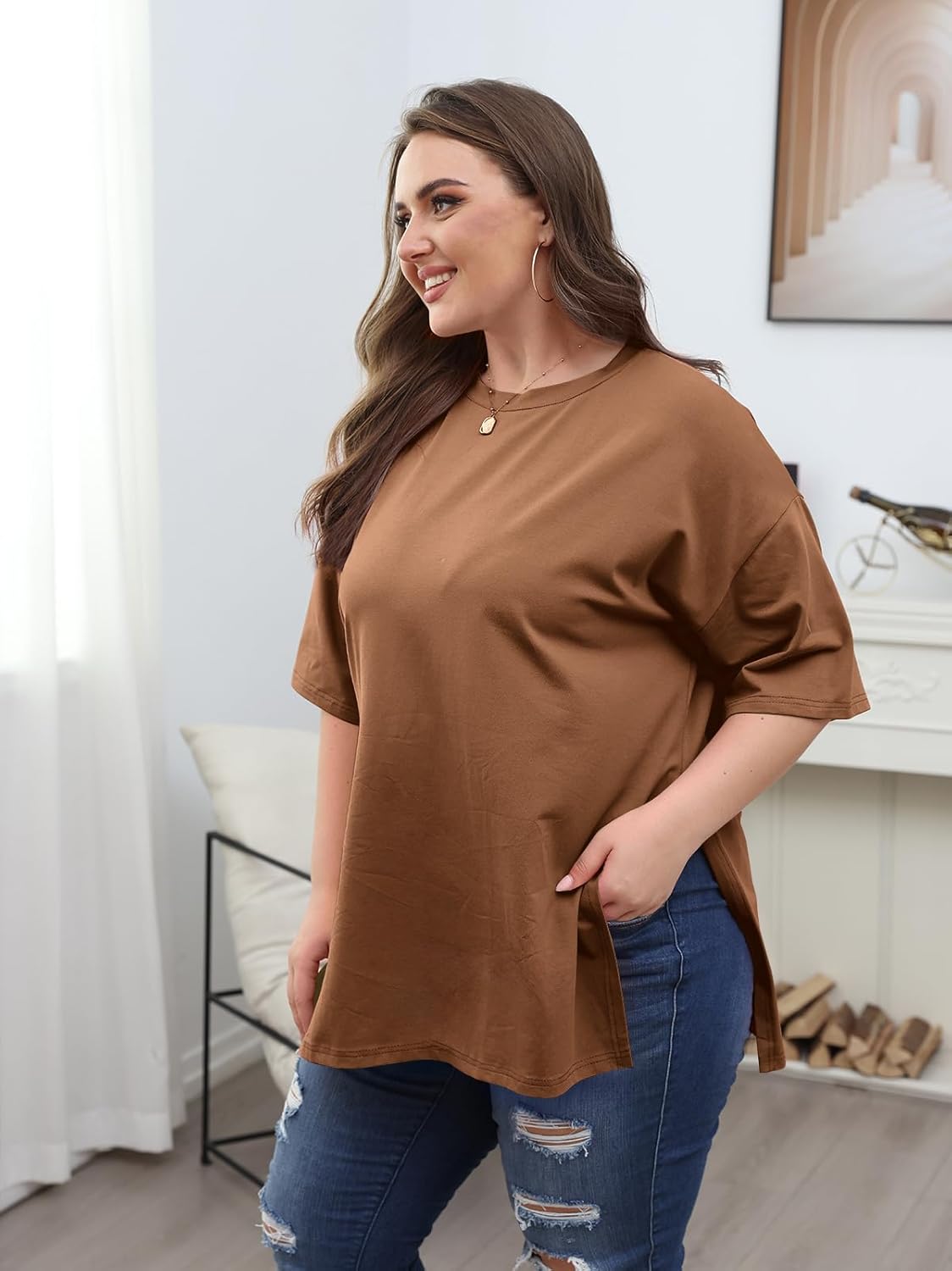 VNIRA Plus Size T Shirt for Women Oversized Cotton Short Sleeve Workout Top Loose Fit Side Split Casual Basic Tunic Top - Image 3