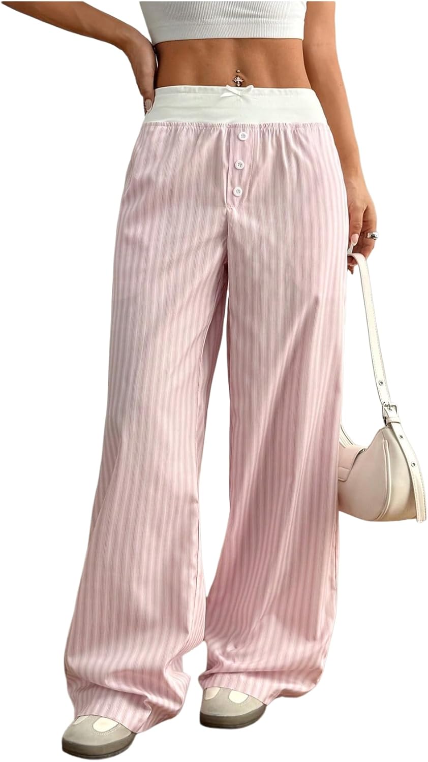 Milumia Women's Colorblock Striped Long Pants Bow Tie Button Front Loose Fit Casual Pants