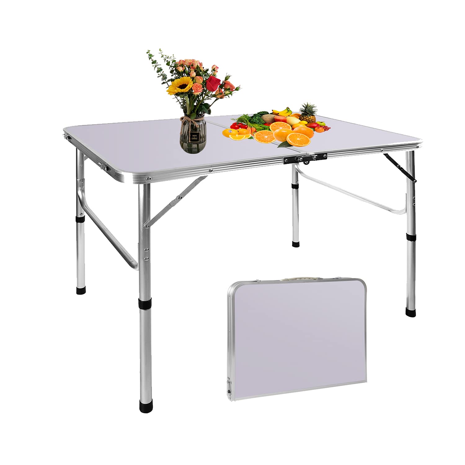 Folding Table Portable Foldable Camping Picnic Table, Extra Strength Aluminium Gardern Tables with 2 Height for Indoor Outdoor Party Dining, Fold up Lightweight Aluminum Table with Carry Handle