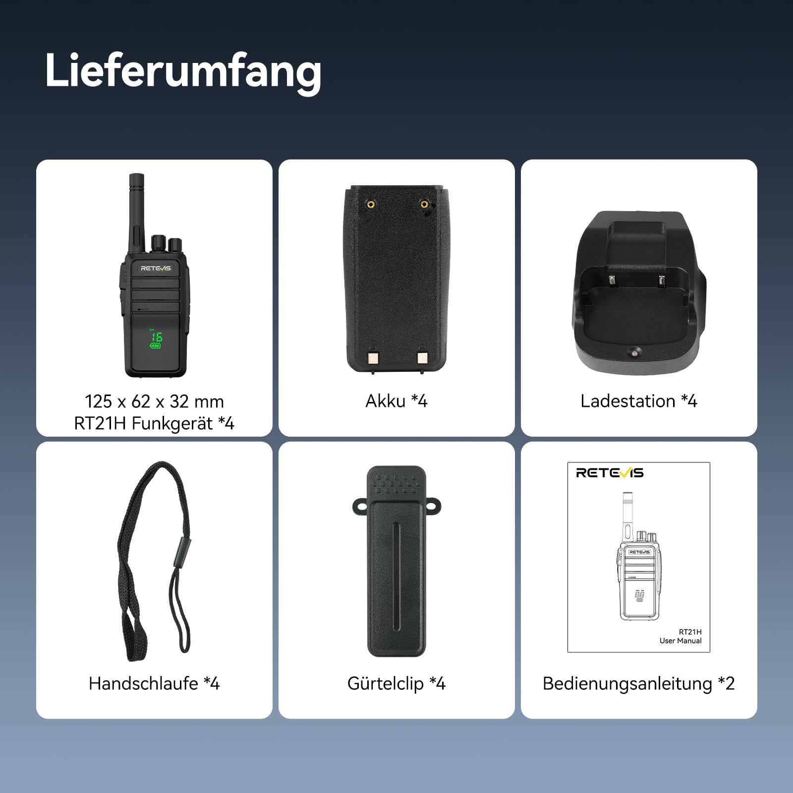 Retevis RT21H Walkie Talkie, IP54 Resistente all'Acqua Radio Bidirezionale Schermo Robusto e Invisibile Ricarica USB-C PMR446 Walkie Talkie a Lungo rRaggio Facili da Usare per Fabbriche(4 Pezzi,Nero)