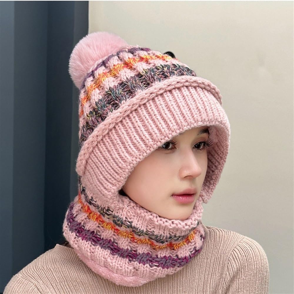 2024 Women Winter Knitted Beanie Hat Warm Thick Crocheted Skull Cap Neck Scarf Set Balaclavas Mask Outdoor Ski Hat(Pink)