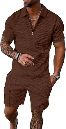 UOUA Mens Summer Track Suits 2 Piece Shorts Sets Short Sleeve Sweatsuit Outfits 1/4 Zip Golf Polo Shirts Loungewear