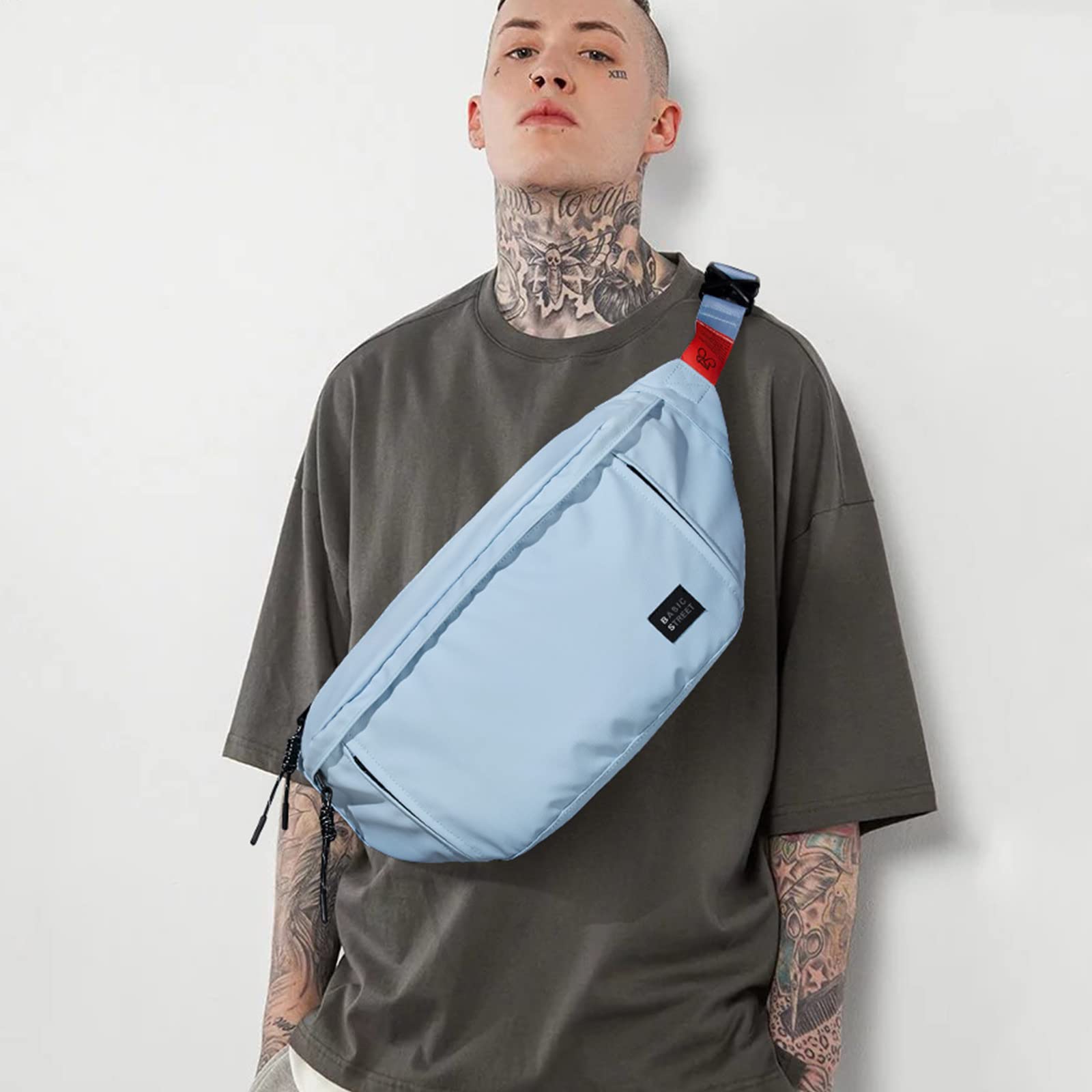 Grand sac banane à bandoulière pour homme et femme, sac banane imperméable avec sangle réglable et 5 poches zippées, bleu ciel, Large