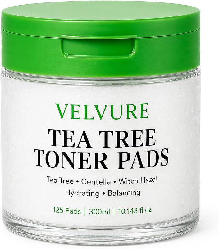 Discos de tônico facial VELVURE com ácido salicílico e óleo de tea tree, dupla face, 125 unidades