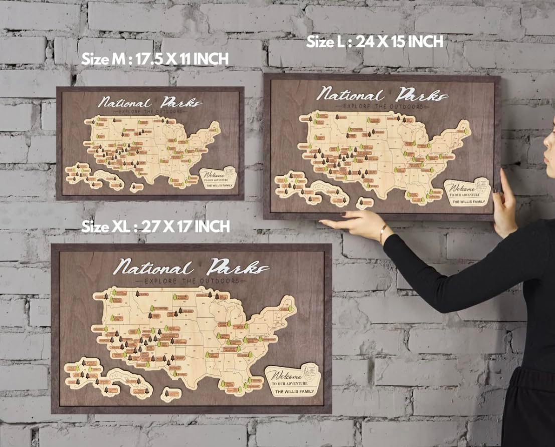 US Wooden National Parks Travel Map With Trees To Record Park Visits (Coffee, Size XL: 27 x 17 inch)