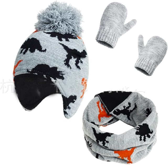 Kids Knitted Hat, Baby Dinosaur Hat Scarf and Gloves Set Toddler Beanie Hat Fleece Lining Winter Hat with Pompom Hand Warmer Christmas Birthday Gift for Boys Girls Kids 2-6 Years