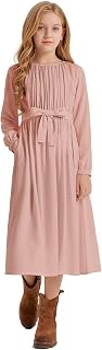 LaBeca Girls Casual Elastic Crew Neck Floral Printed Solid Color A-line Swing High Waist Midi Belted Dress with Pocket