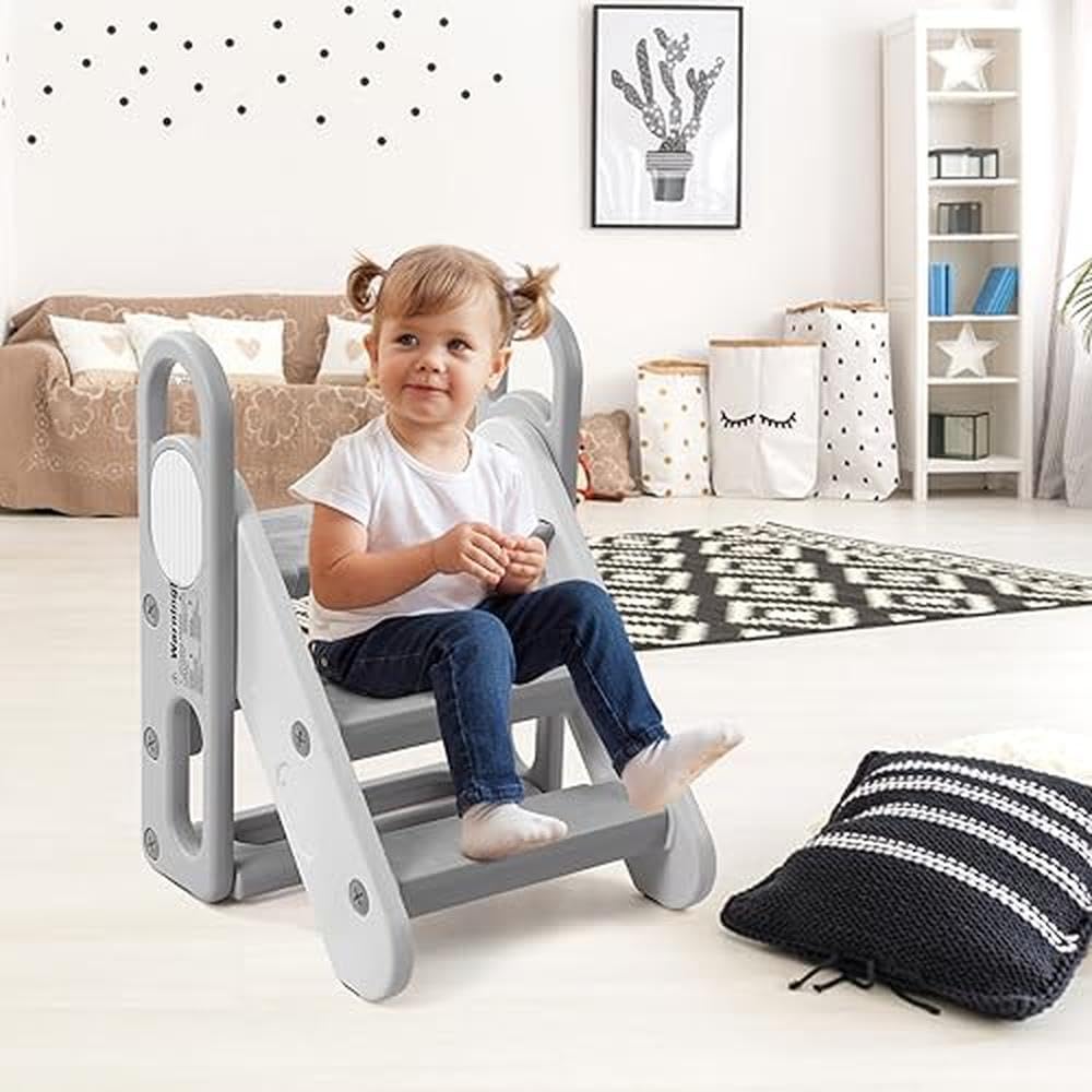 Adjustable 3-Step Toddler Stool - Foldable Learning Assistant with BPA-Free Plastic, Anti-Slip Pads, and Comfortable Handrails for Potty Training, Kitchen, and Bathroom Use
