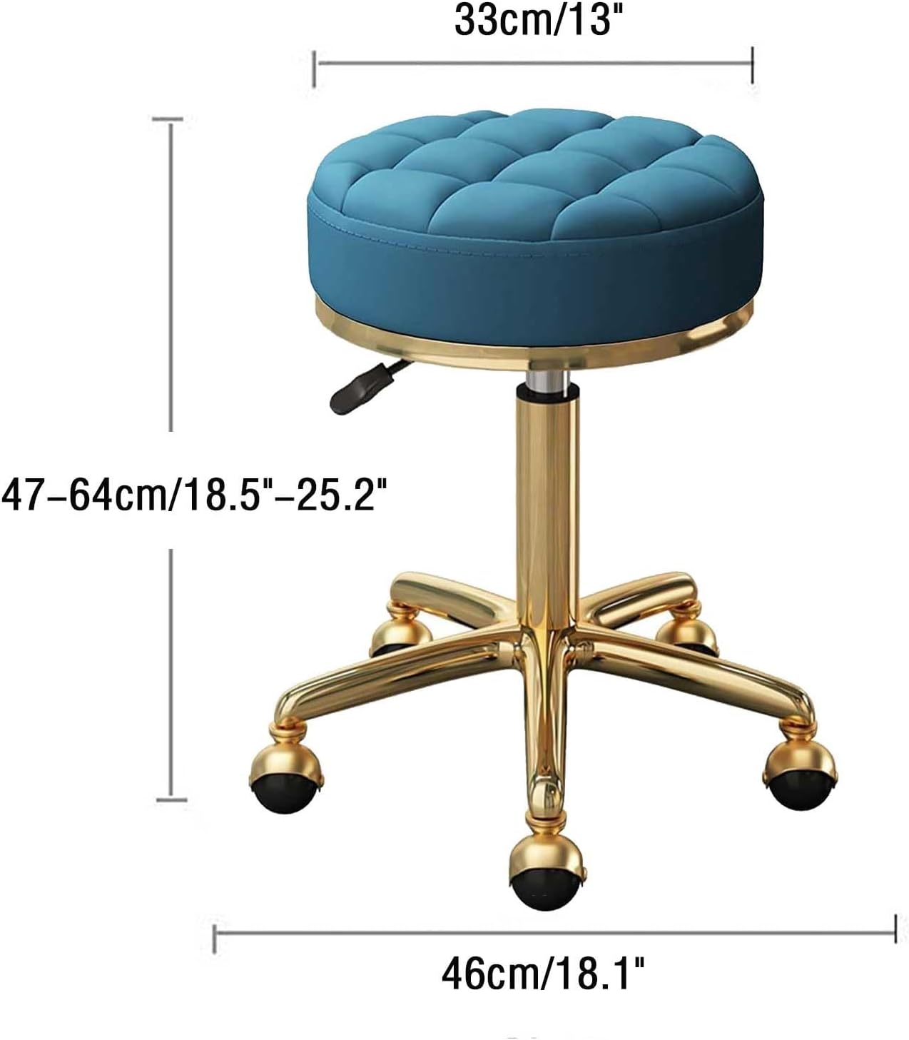 Rolling Stool Swivel Salon Beauty Chair Medical Care Round Leather Cushion Bar Stool for Spa Work Office Massage Manicure Tattoo, Gold Chrome Frame (Color : Blue)