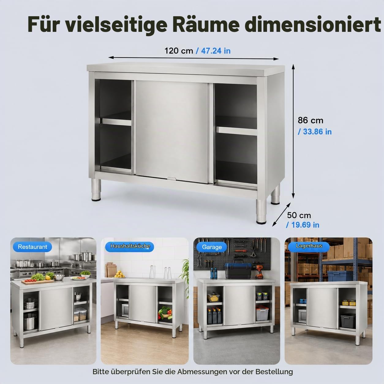 Arbeitsschrank mit Schiebetüren, 3-Etagen Kommerzieller Edelstahl Arbeitstisch, Küchenschrank mit Schiebetüren, Freistehend Edelstahlschrank für Küche, Restaurant, Werkstatt und Garage, 120x50x86 cm