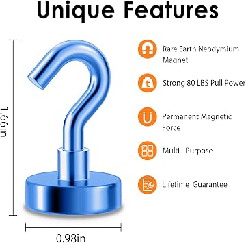 Magnetic Hooks 80 Lbs, Cruise Essentials 2026, Cruise Magnets for Door Decoration, Heavy Duty Magnet with Hook, Travel Accessories for Cruise Ship, Classroom, Grill, Fridge, Blue, 12 Pack