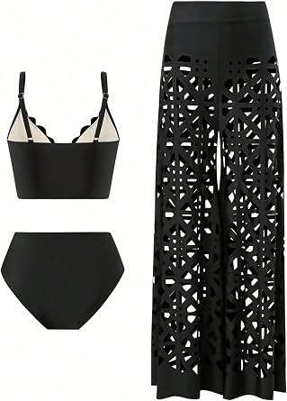 WDIRARA Women's 3 Piece Swimsuit Hollow Out Bikini Set with Cover Up Pants