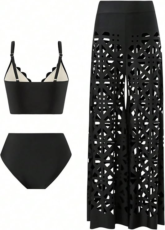 WDIRARA Women's 3 Piece Swimsuit Hollow Out Bikini Set with Cover Up Pants