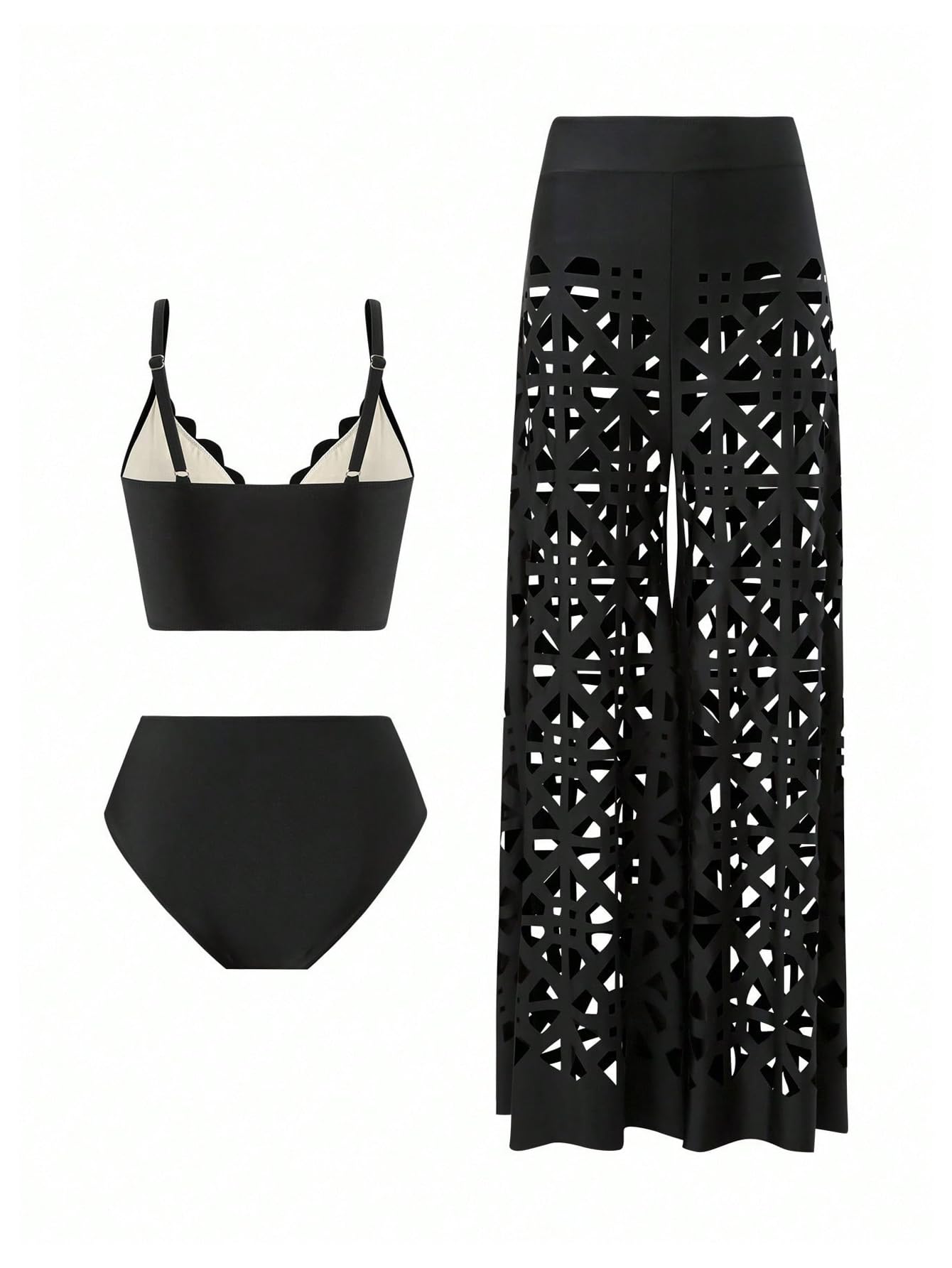 Traje de baño de 3 piezas para mujer, conjunto de bikini hueco con pantalones de cobertura, color negro, talla M
