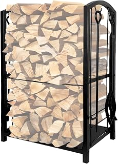 Grandhom Firewood Rack with 4pcs Fireplace Tools Set,Wood Rack Lumber Rack Indoor Outdoor,Firewood Storage Log Holder for Fireplace and Wood Stove,Black,45x30x75cm