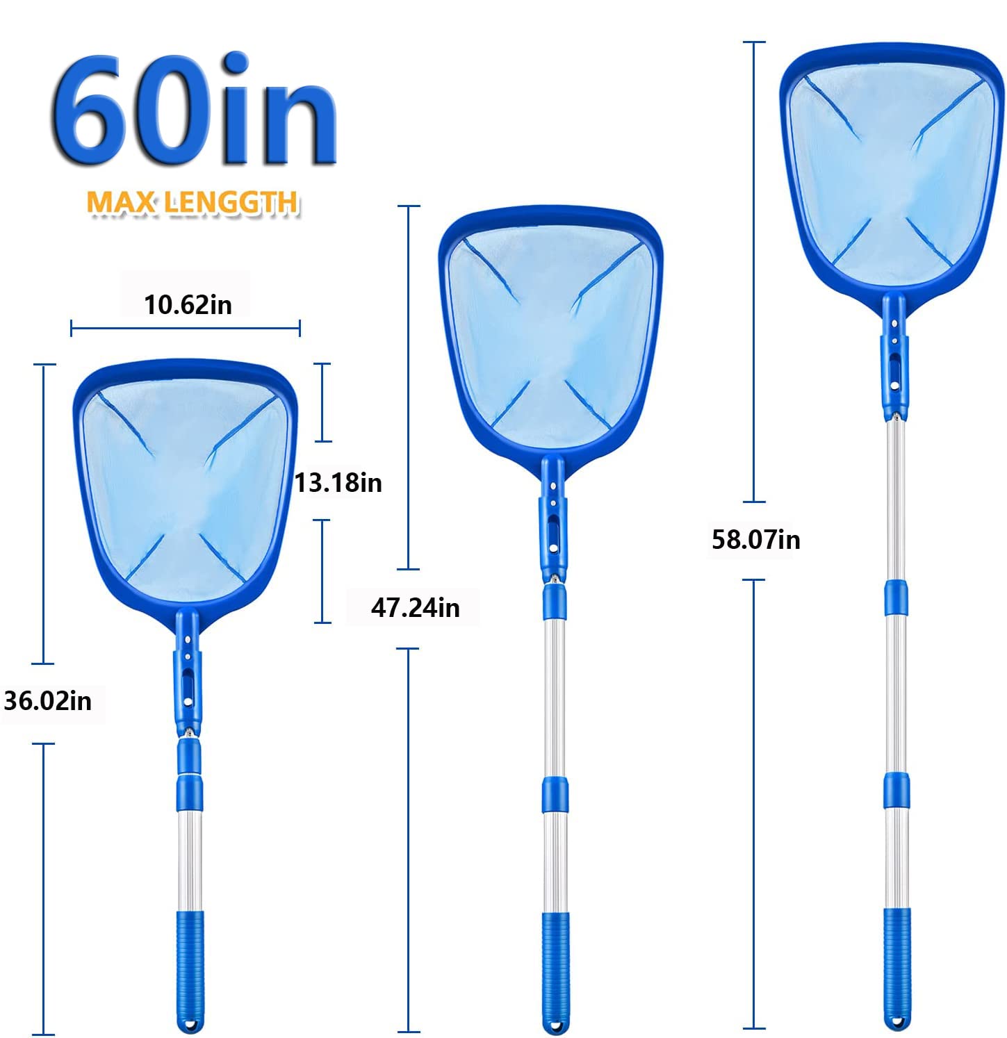 FBSPORT Pool Skimmer Net with Telescopic Pole, 59 inch Swimming Pool Leaf Net, Fine Mesh Pool Net, Pool Cleaner Maintenance Tool-Easy to Collecting Leaves for Swimming Pools, Hot Tubs, Ponds - 2