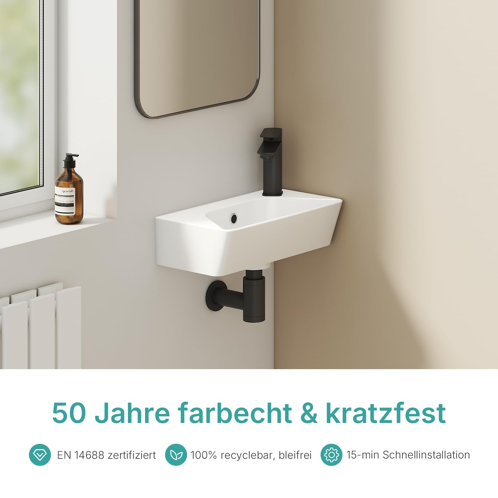 EMKE Piccolo lavandino rettangolare 40,0 × 22,5 × 13,0 cm, in ceramica, con foro per rubinetto e troppopieno, piccolo lavandino a mano, ideale per bagno e WC degli ospiti, bianco