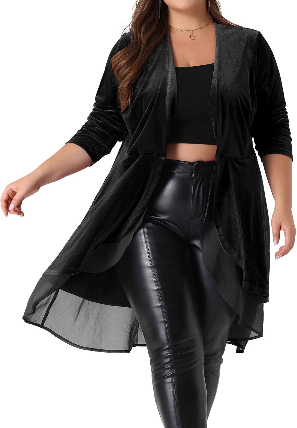 Agnes Orinda Plus Size Cardigan for Women Ruffled Asymmetric Open Front Long Velvet Jackets
