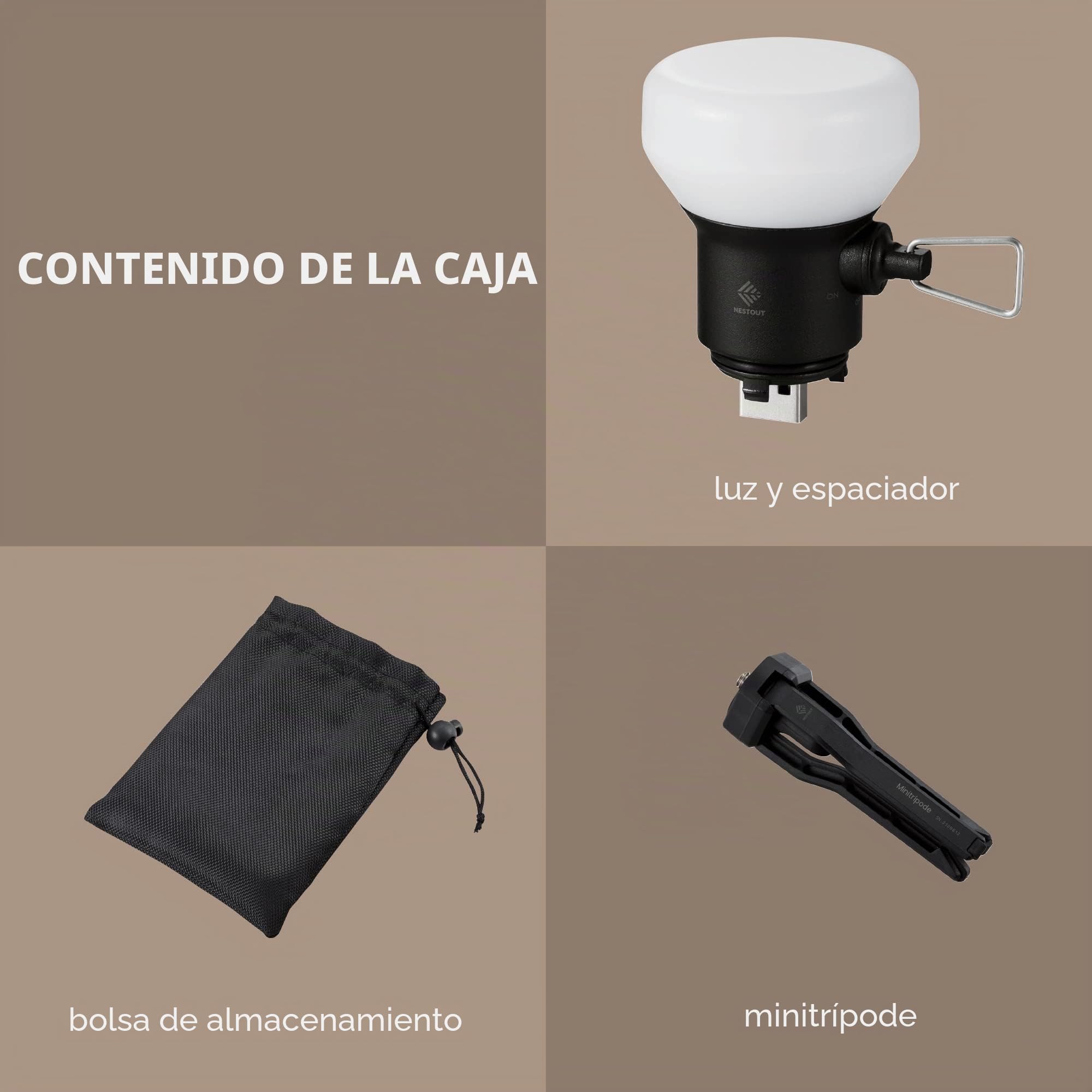 ELECOM NESTOUT - Linterna de panel LED para acampar al aire libre con mini trípode, luz LED regulable alimentada por USB, resistente al agua IP44, 30-1000 lúmenes, linterna portátil para banco de