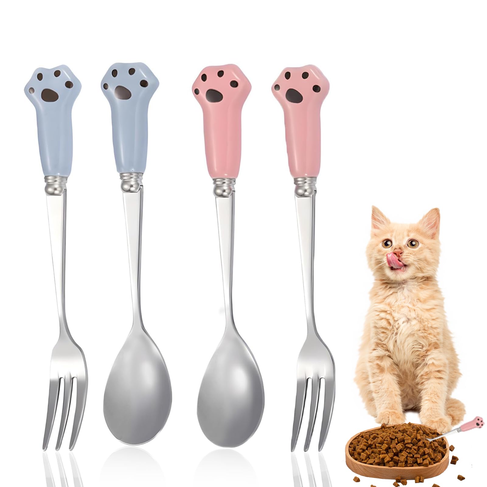 4PCS Small Pet Food Fork Set Creative Pet Feeding Spoon with Ears Stainless Steel Cat and Dog Feeding Spoon for Pet Feeding Wet Food (Blue+Pink)