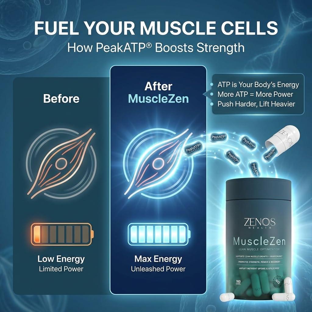 Zenos Health MuscleZen Muscle Builder for Men – ATP Supplements for Strength – Muscle Supplements for Super Recovery – Clear Muscle Support for Lean Muscle Growth - Made in USA, 180 Caps