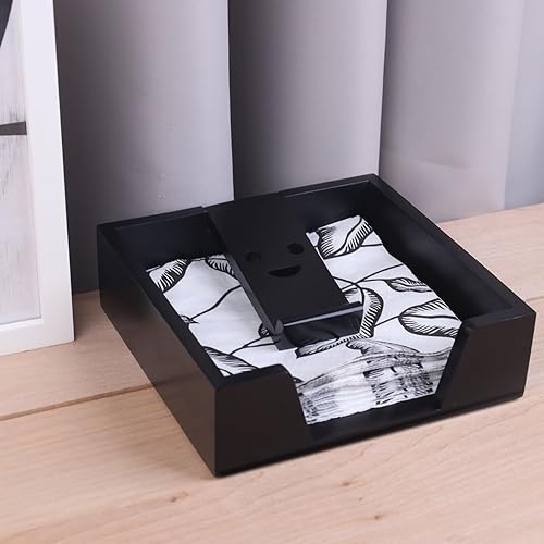 Miniatura 7 de Servilletero plano de bambú con brazo ponderado Bandeja de servilleta decorativa Dispensador para mesa, cocina, baño, comedor (negro)