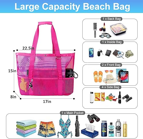 Miniatura 4 de Everfunny Bolsa de playa de malla grande, ligera, plegable, para accesorios de playa, artículos esenciales de viaje