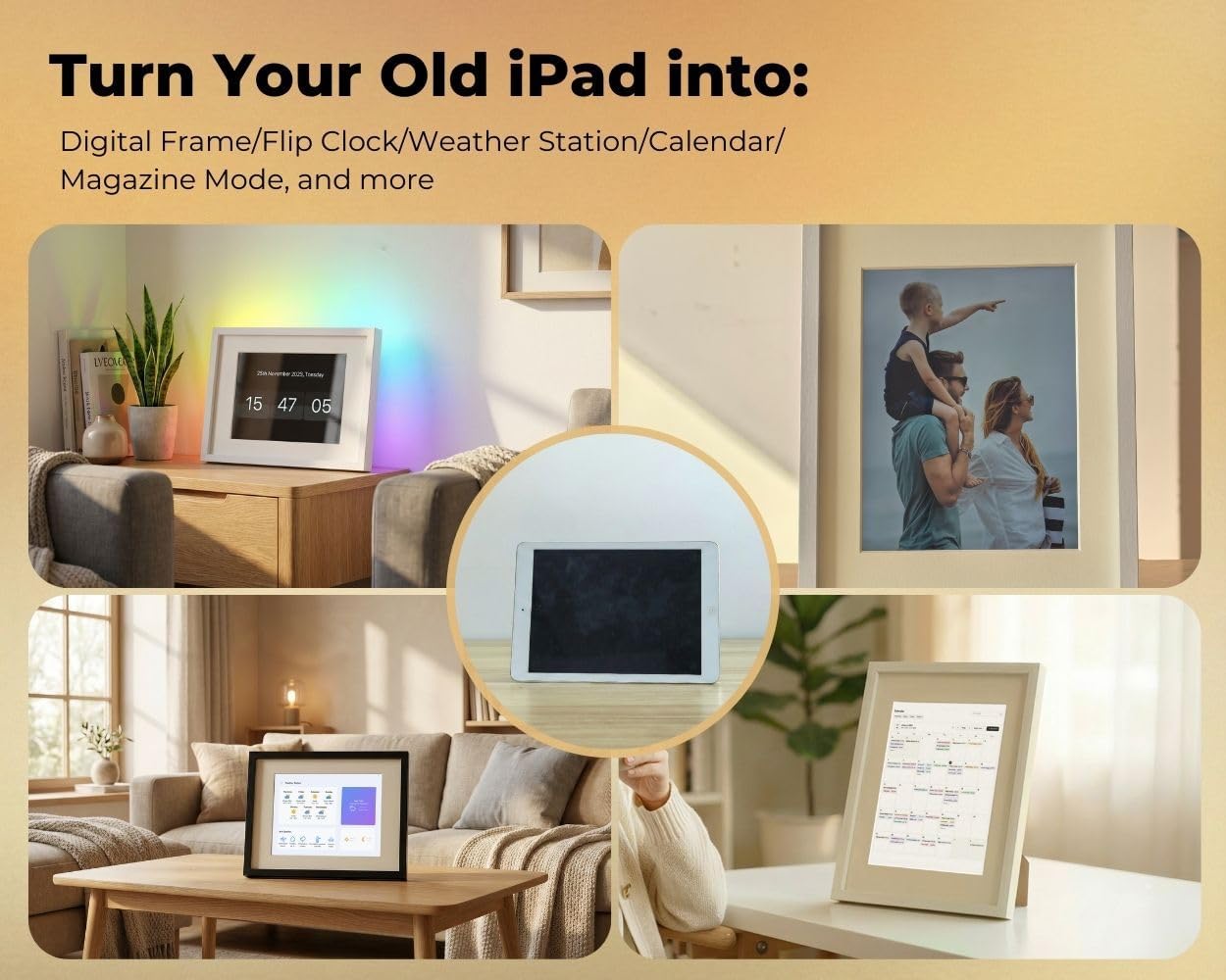 iFramix Kit for iPad Repurposing - Turn Old iPad into Smart Digital Photo Frame & Dashboard (Black)
