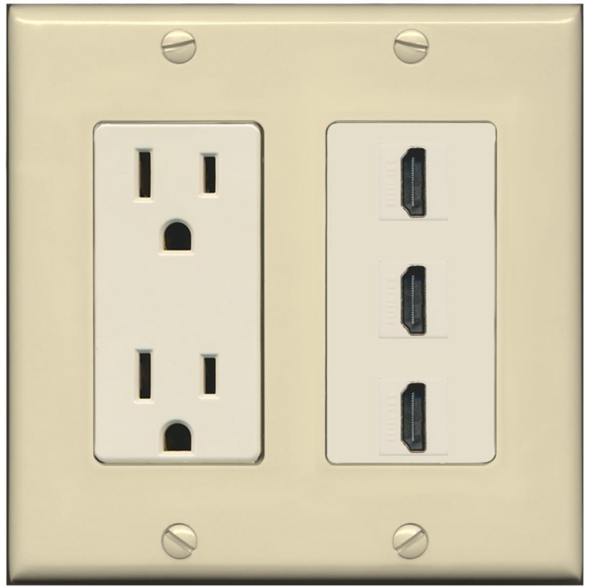 RiteAV - 15 Amp Power Outlet 3 Port HDMI Decorative Wall Plate - Ivory/Light Almond