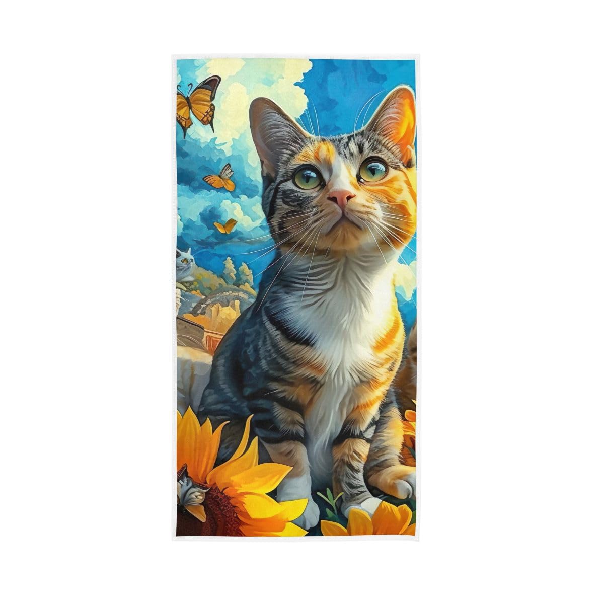 LSRCPD Cats Sunflowers Blue Sky Hand Towel, Multipurpose Shower Towels for Hand, Face, Hair, Bath 15 x 30 Inches