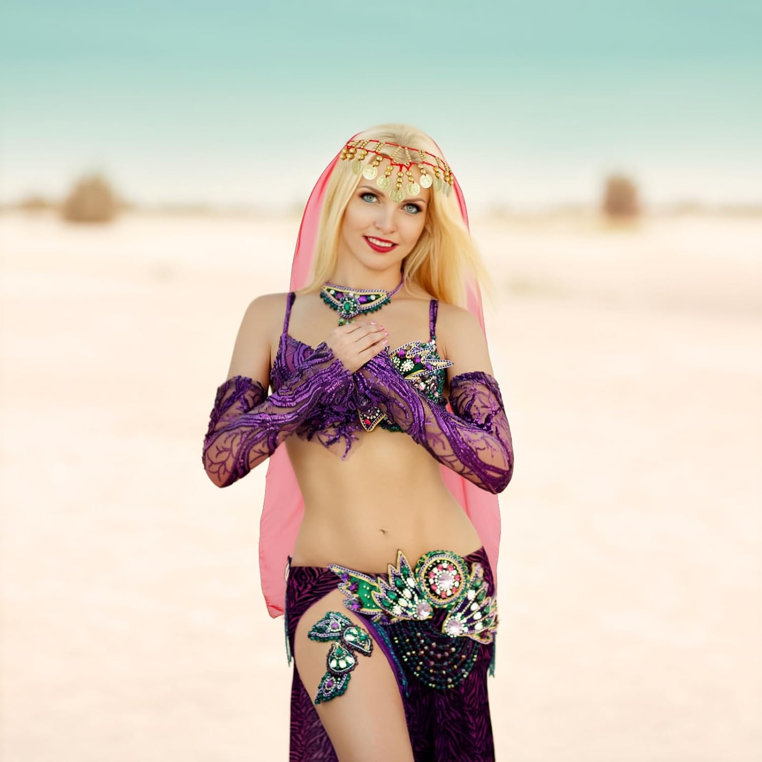 Belly Dance Head Scarf with Coins Chiffon Veil Scarves Dance Shawls - Image 7