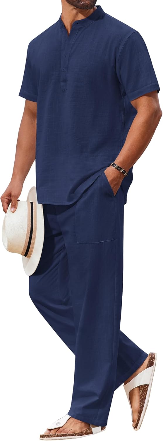 COOFANDY Men's 2 Piece Cotton Sets Casual Short Sleeve Henley Shirts and Beach Pants with Pockets Summer Vacation Outfits