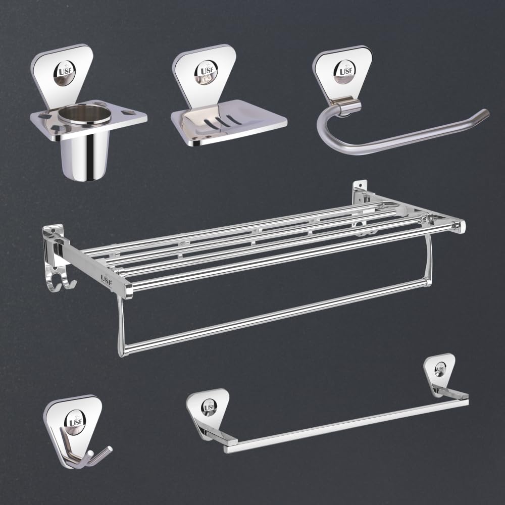 USF Stainless Steel Folding Towel Rack with Towel Hanger Rod, Soap Dish, Tumbler Holder, Napkin Ring, Towel Robe Hook Bathroom Accessories Combo Set of 6 Pcs (B0CRP83RCK) Amazon Price History, Amazon Price Tracker