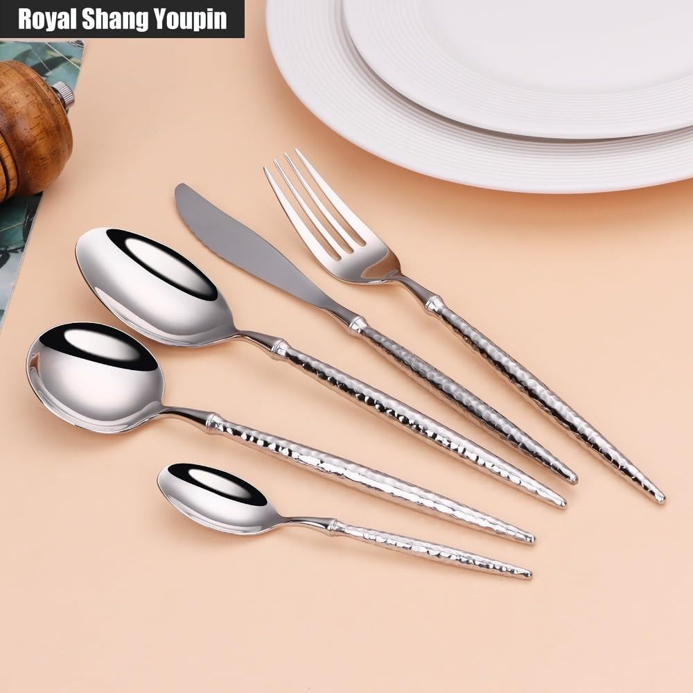 Manico Solido Martellato/lucido Cucina Acciaio Inossidabile Posate Stoviglie Posate Coltelli Forchette Cucchiai Set Cucchiaio E Forchetta Da Dessert Da Cucina (Manico a forma di martello,20 pezzi)