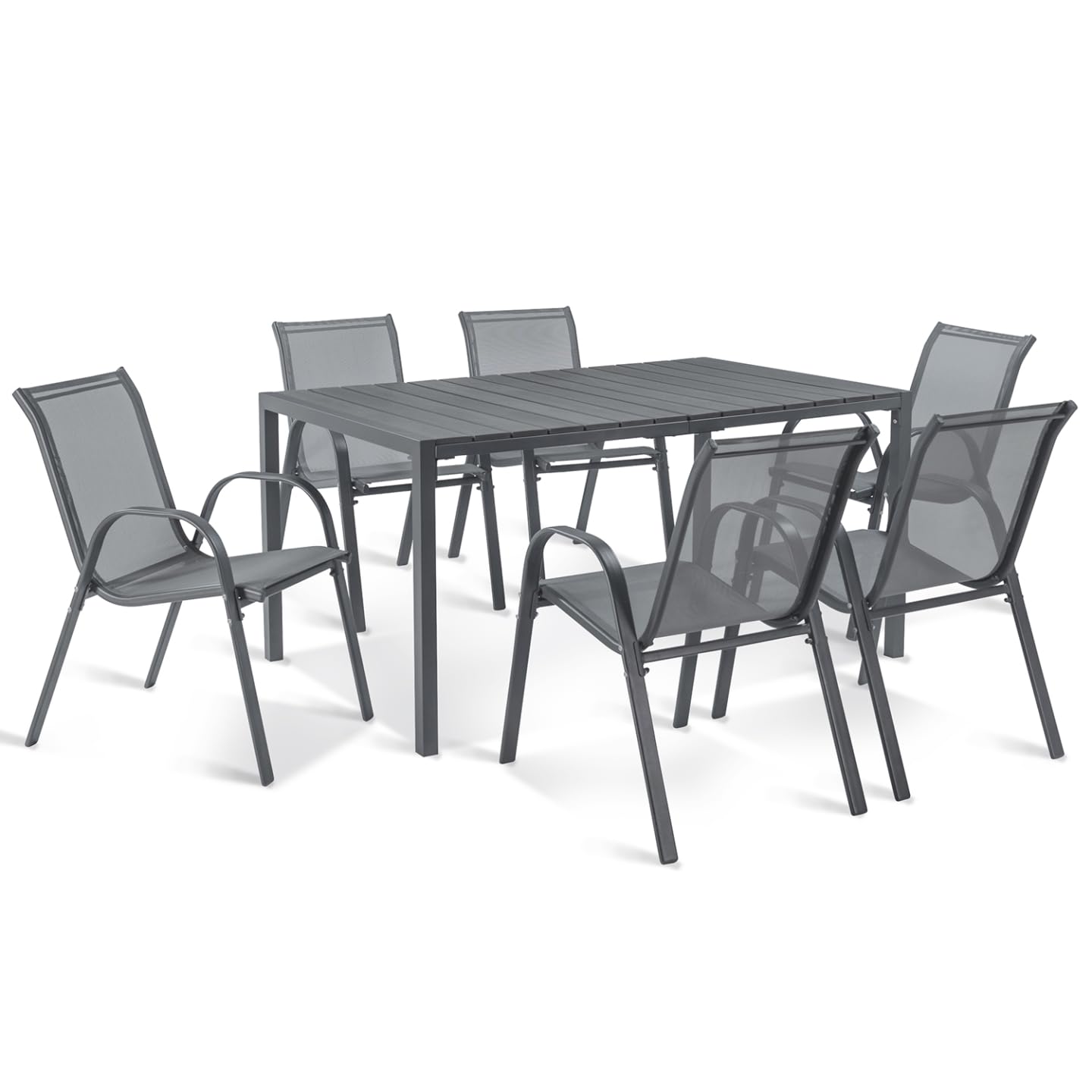 IDMarket – Salón de jardín Poly Mesa 150 cm y 6 sillas apilables gris antracita