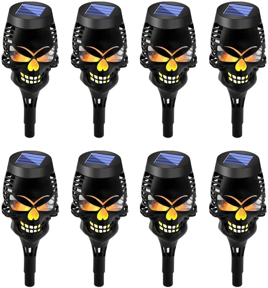 8pcs Solar Skull Torch Lights Waterproof For Outdoor Halloween Garden Pathway Lighting And Decorative Lighting With IP65 Weather Resistance