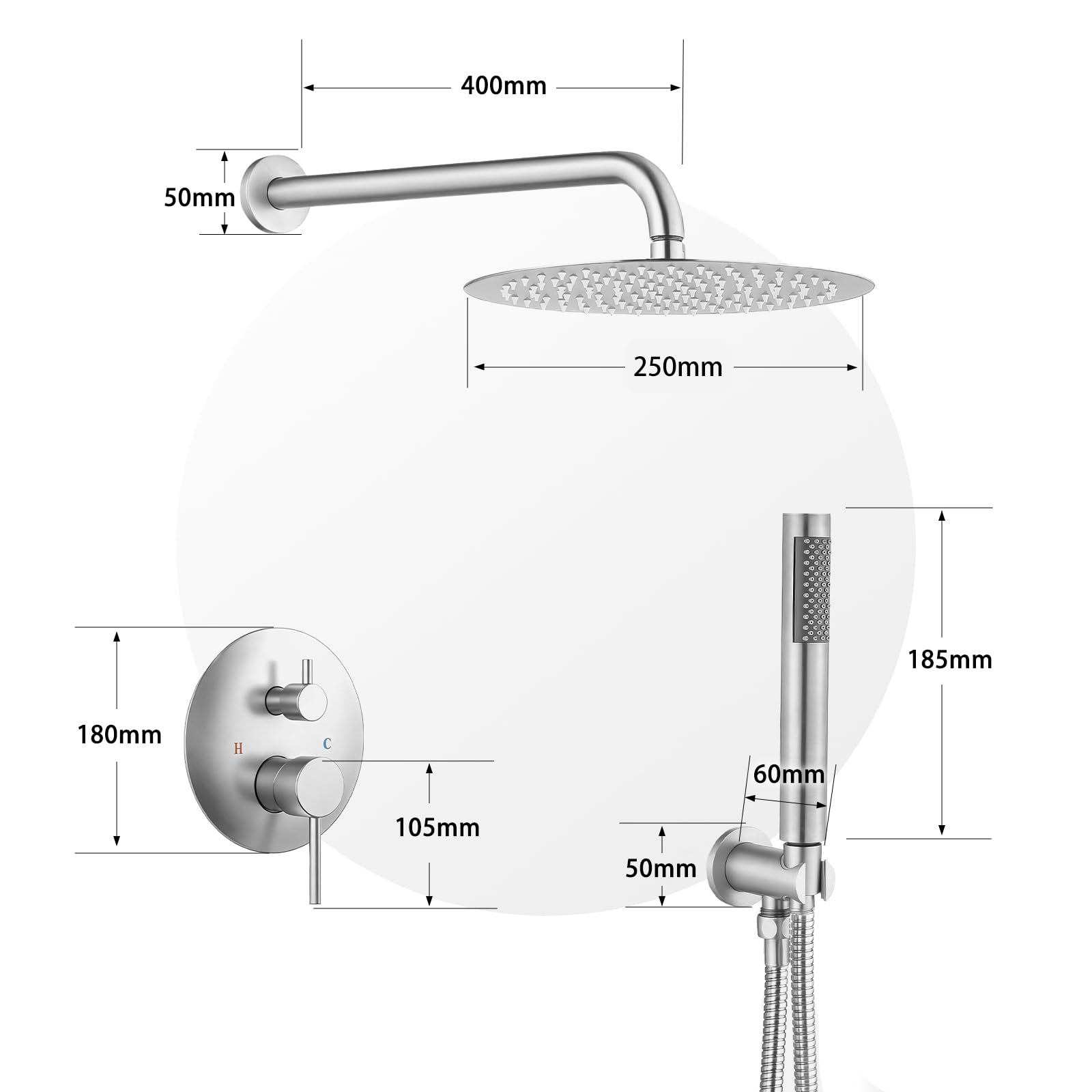 SaniteModar Set Doccia Incasso | Miscelatore Doccia Incasso con Soffione a Pioggia Rotondo 25cm e Doccetta | Nichel Spazzolato