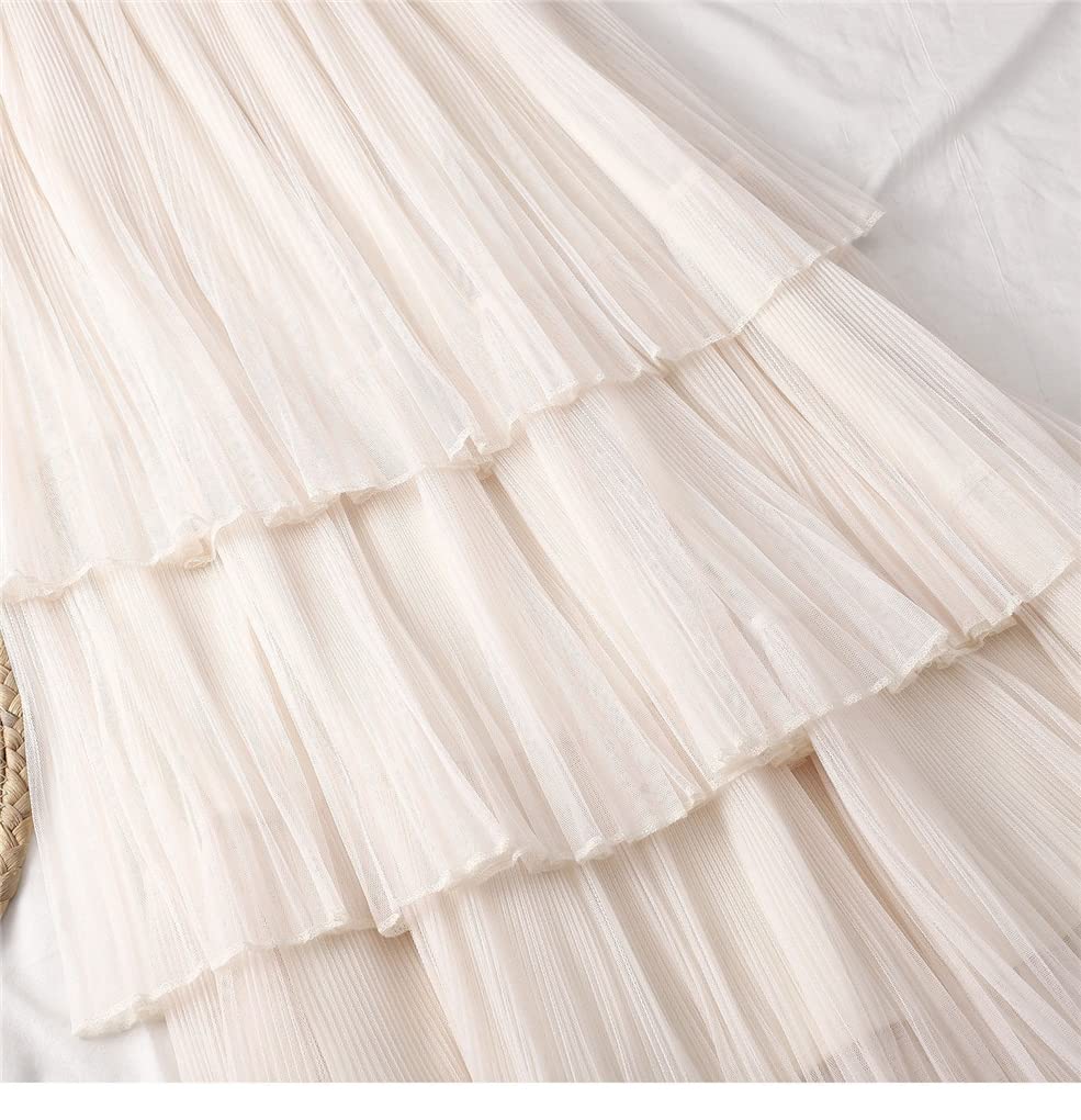 SePkus Falda de Pastel de Verano para Mujer, Faldas de Tul, Falda Midi de Cintura Alta elástica a la Moda, Faldas Plisadas para Mujer (Blanco, Talla única)