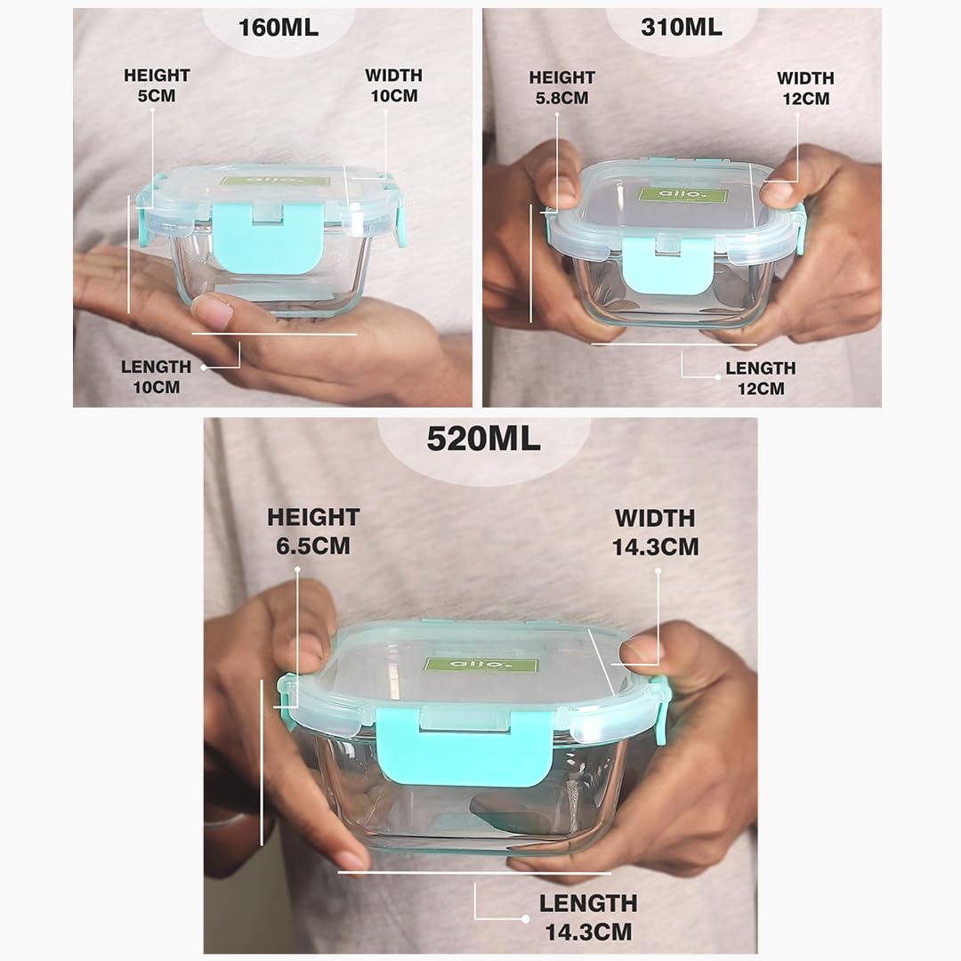 Allo Recipientes de vidrio seguros para alimentos con tapas, recipientes aptos para microondas, recipientes de vidrio de borosilicato para preparación de alimentos para cocina, juego de 3 recipientes