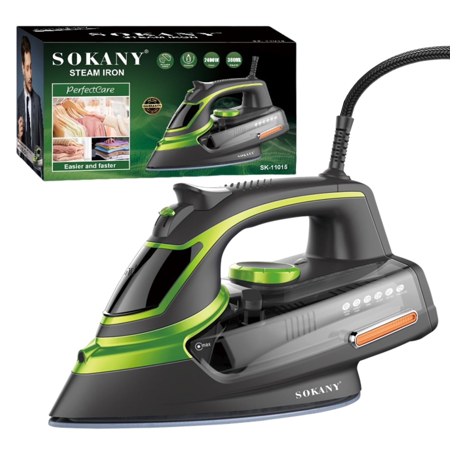 Dzannc SK-11015 2400W Steam Iron Temperature Steam Output Control, Ceramic Coated Soleplate, 380ml Tank,Featuring Dry, Steam, Spray, Anti-Calc, Self-Cleaning Functions, for Remove Stubborn Creases