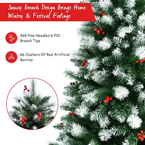 Goplus 6Ft Artificial Christmas Tree, Hinged Snowy Xmas Tree, Unlit Pine Tree W/ 968 Tips, 66 Berry Clusters, Pine Needles & Metal Stand, For Indoor Festive Holiday Decoration #TOP4