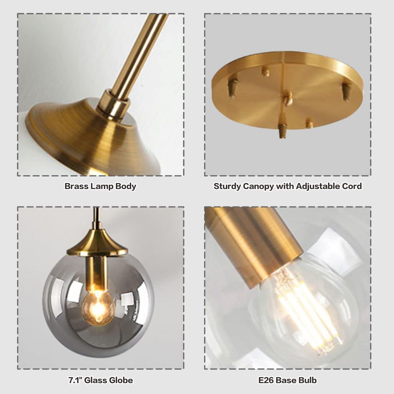 Diagram showing dimensions of the KCO Lighting 3-Light Glass Globe Pendant Light