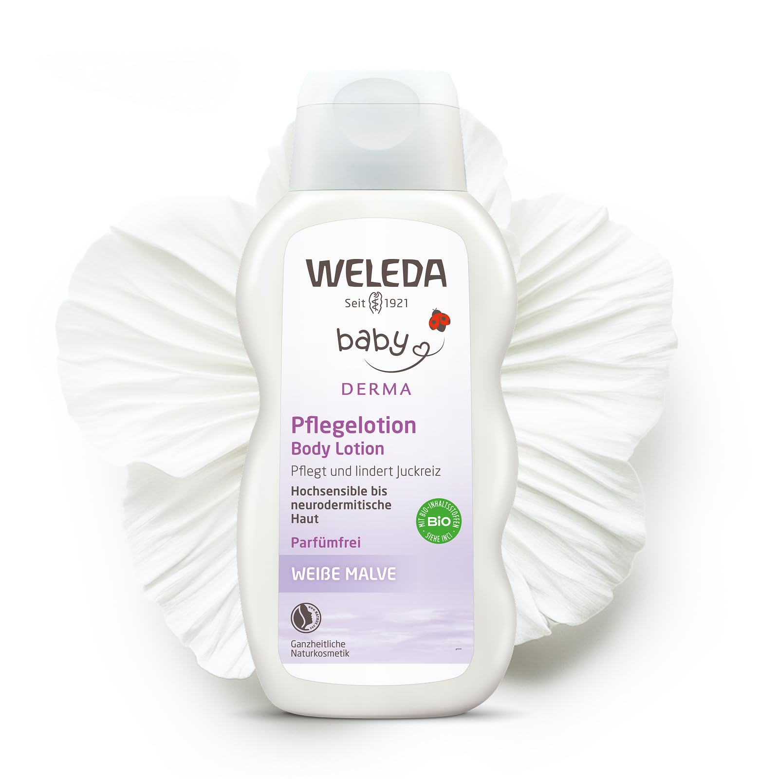 WELEDA Bio Baby Derma Weiße Malve Pflegelotion- Naturkosmetik Feuchtigkeitspflege Bodylotion zur Beruhigung und intensiven Pflege von hochsensibler, neurodermitischer & trockener Haut (1 x 200 ml)